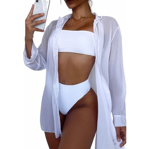 Sheer White Long Button Down Shirt Coverup Women’s Large​ - Picture 1 of 8